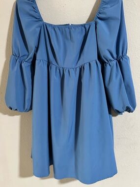Exlura Square Neck Blue Puff-Sleeve Mini Dress